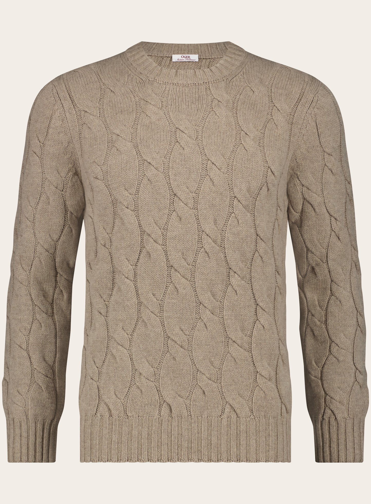 Kabelgebreide ronde hals trui | Beige