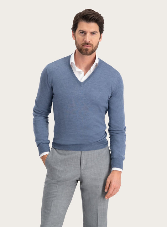 V-hals trui van wol en zijde | Blauw