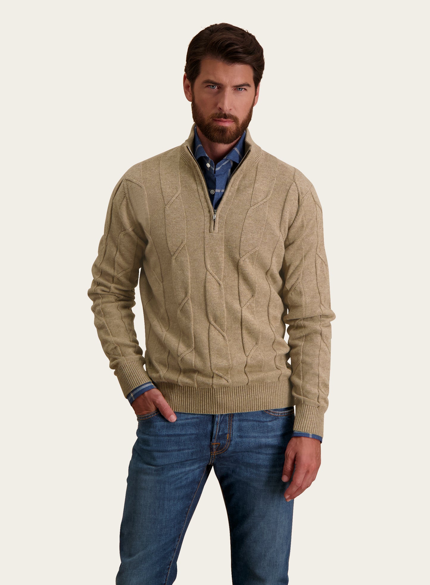 Slim-fit half-zip trui met kabelpatroon van wol en cashmere | Camel