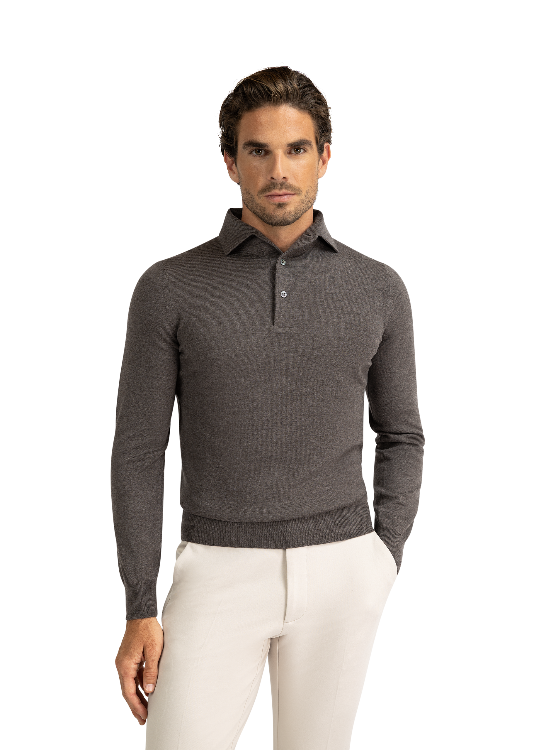 Lange mouwen polo van virgin wol | MODEL | FULL_WIDTH | TAUPE BRUIN