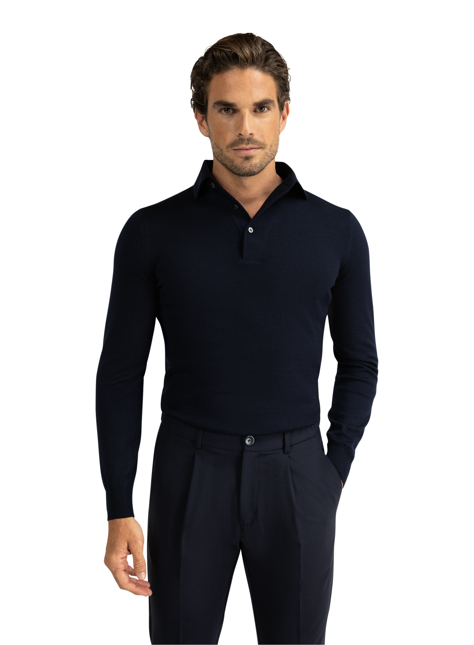 Lange mouwen polo van virgin wol | FULL_WIDTH | BLUE NAVY