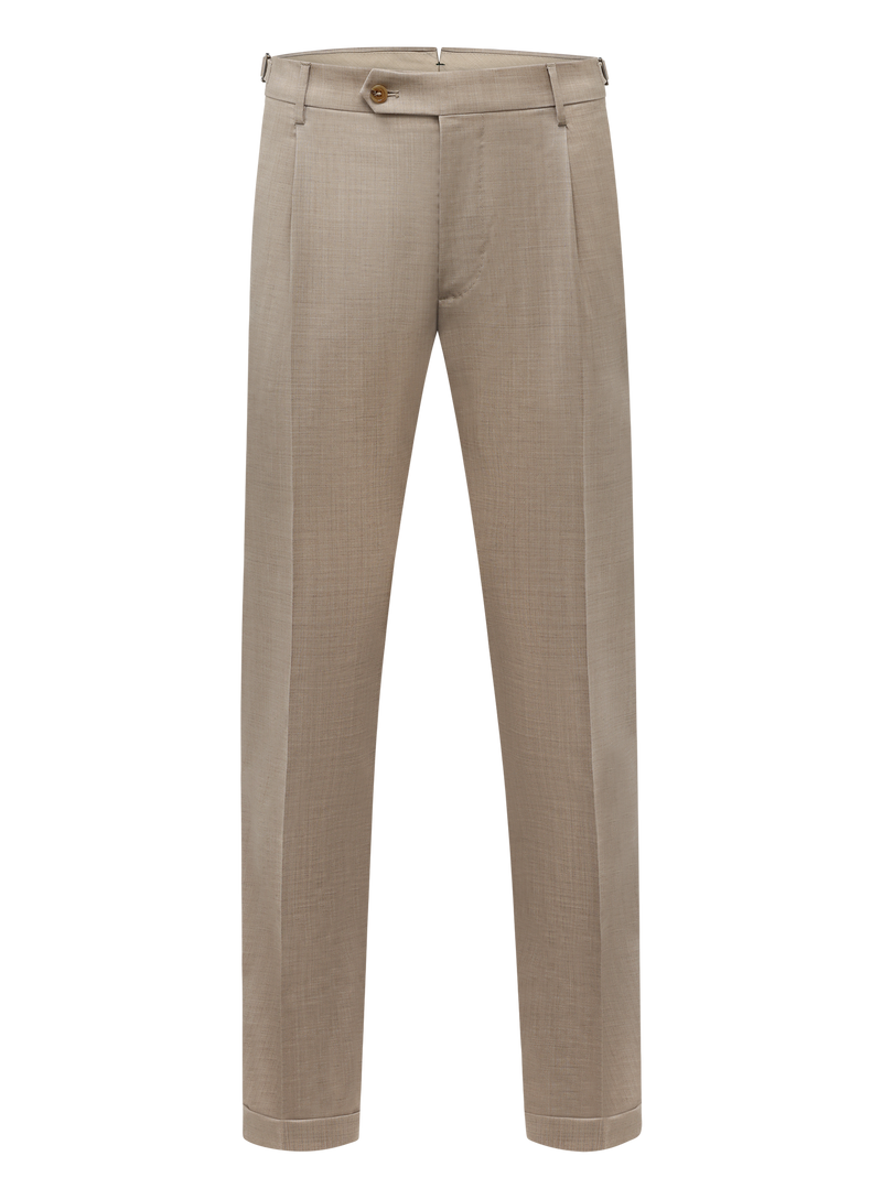 Bandplooi pantalon van scheerwol met zijspanners | Beige