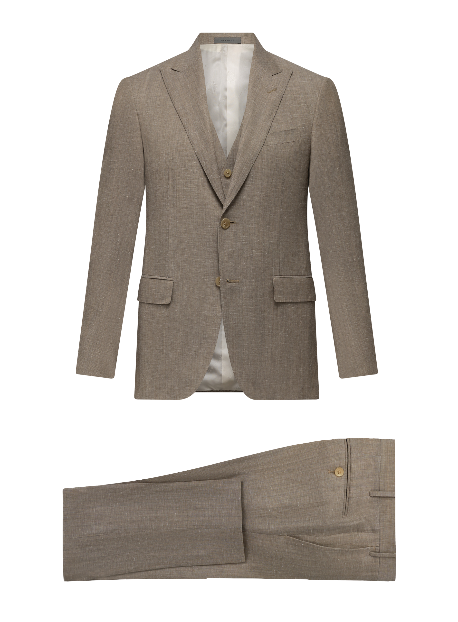 Driedelig pak van virgin wol en linnen | Beige