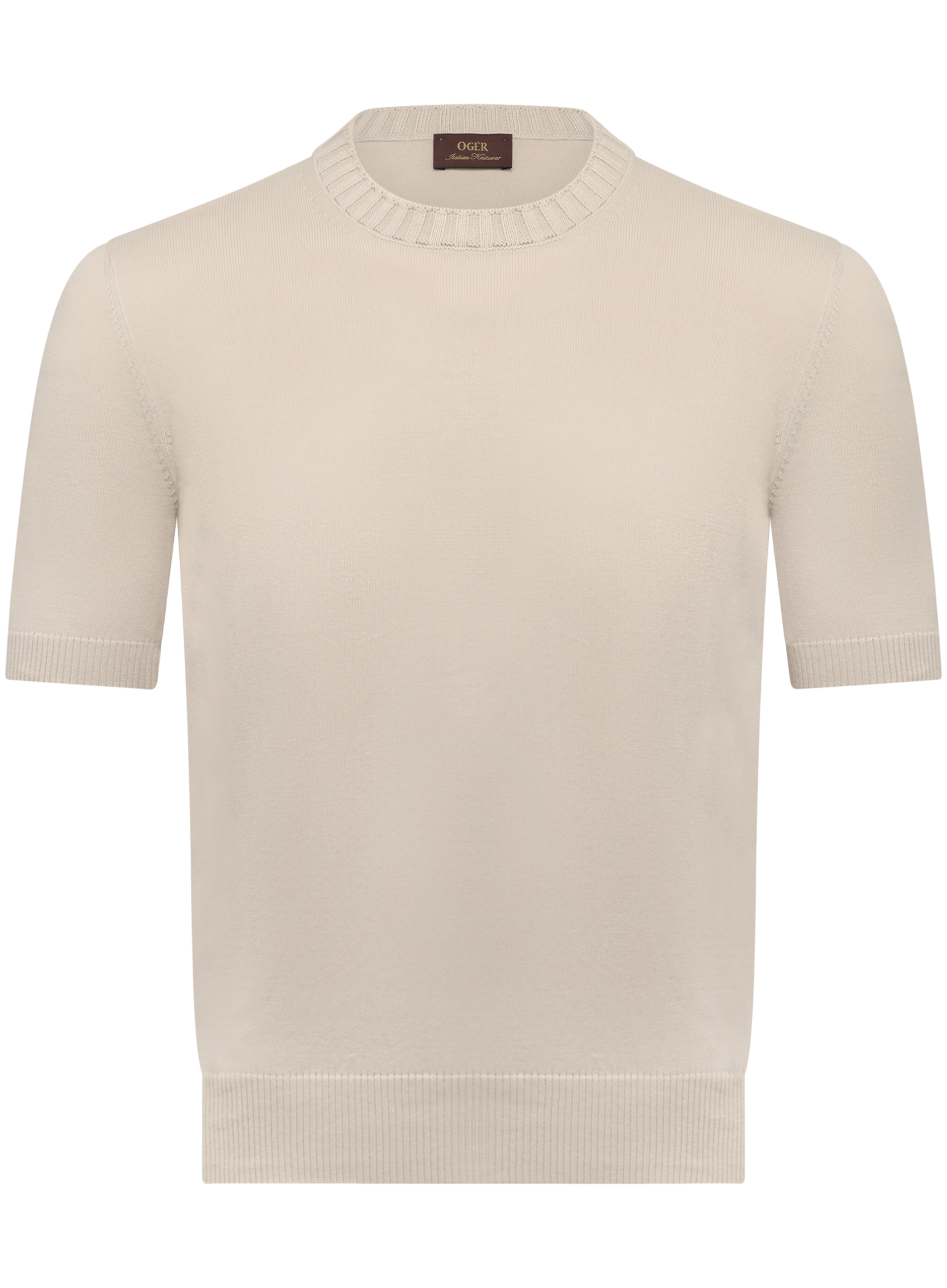 Fijngebreid katoenen T-shirt met ronde hals | Beige