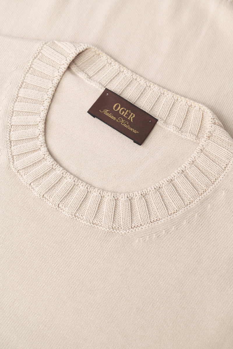 Fijngebreid katoenen T-shirt met ronde hals | FULL_WIDTH | Beige