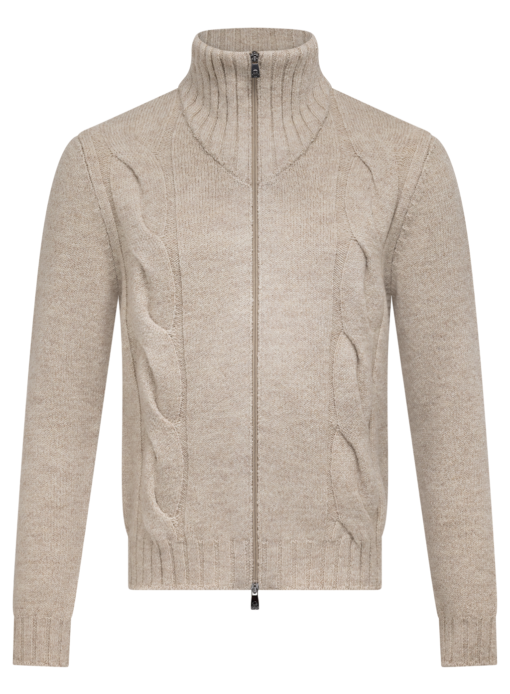 Kabelgebreid ritsvest van scheerwol en alpaca | Beige