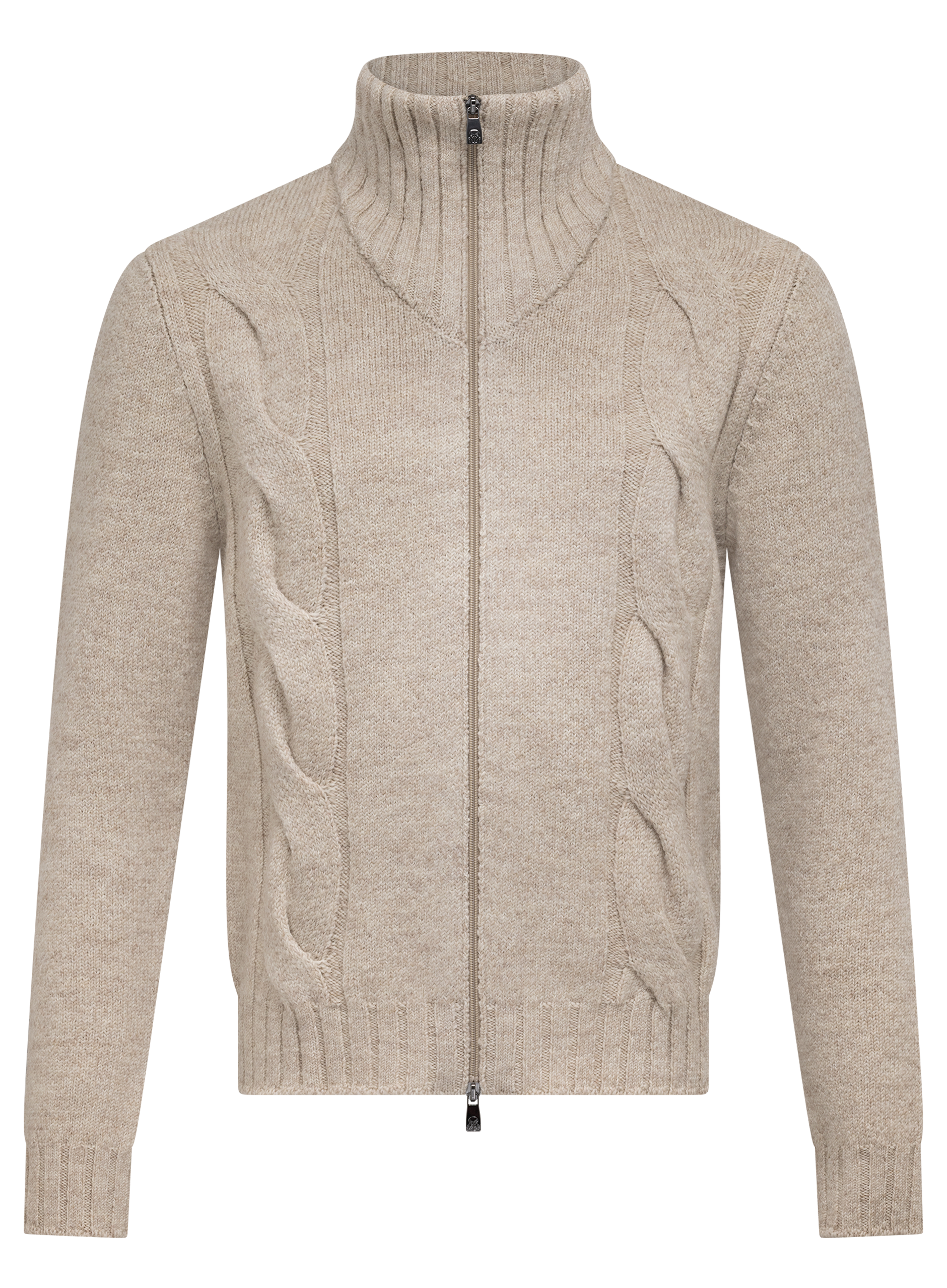 Kabelgebreid ritsvest van scheerwol en alpaca | Beige