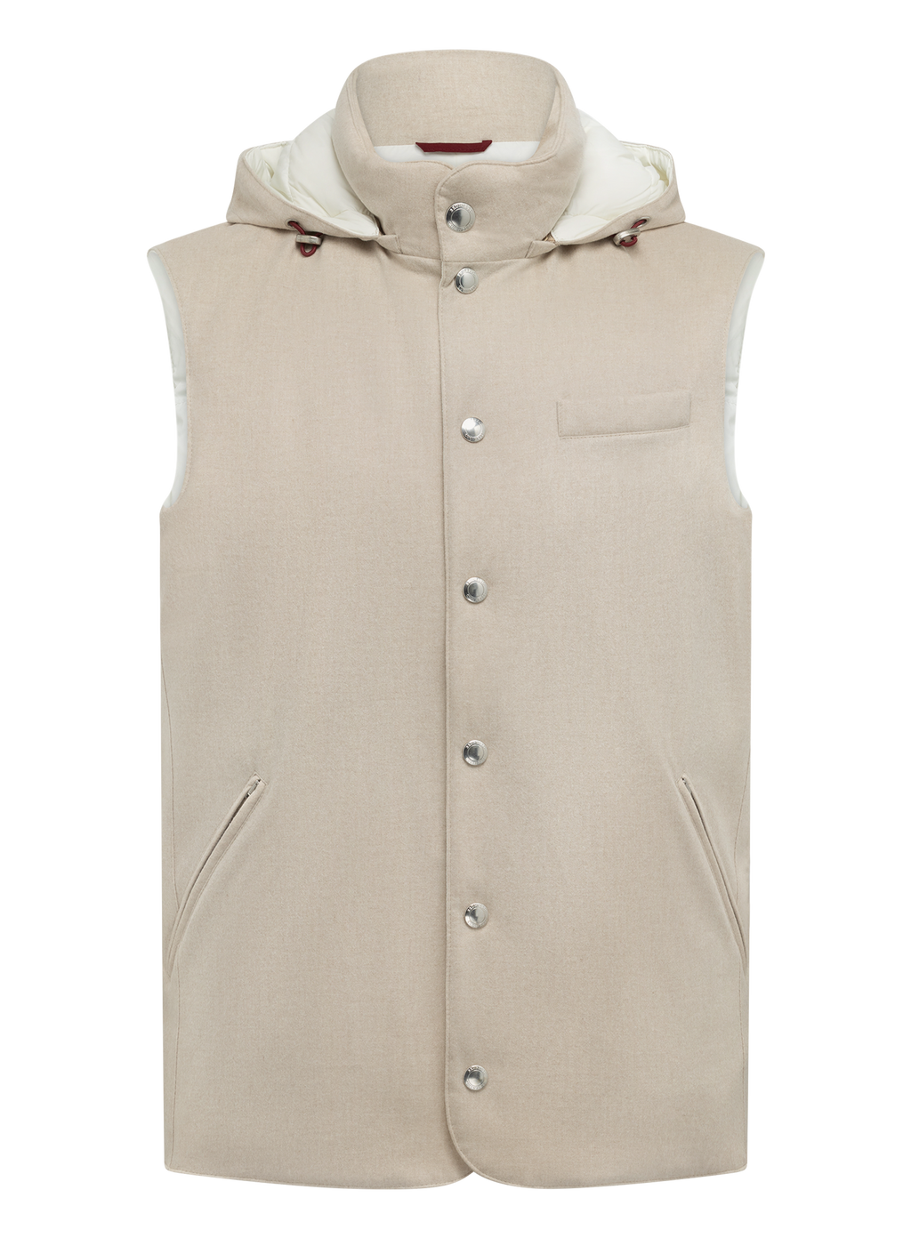 Donsbodywarmer van bonded wollen flanel met afneembare capuchon | Beige