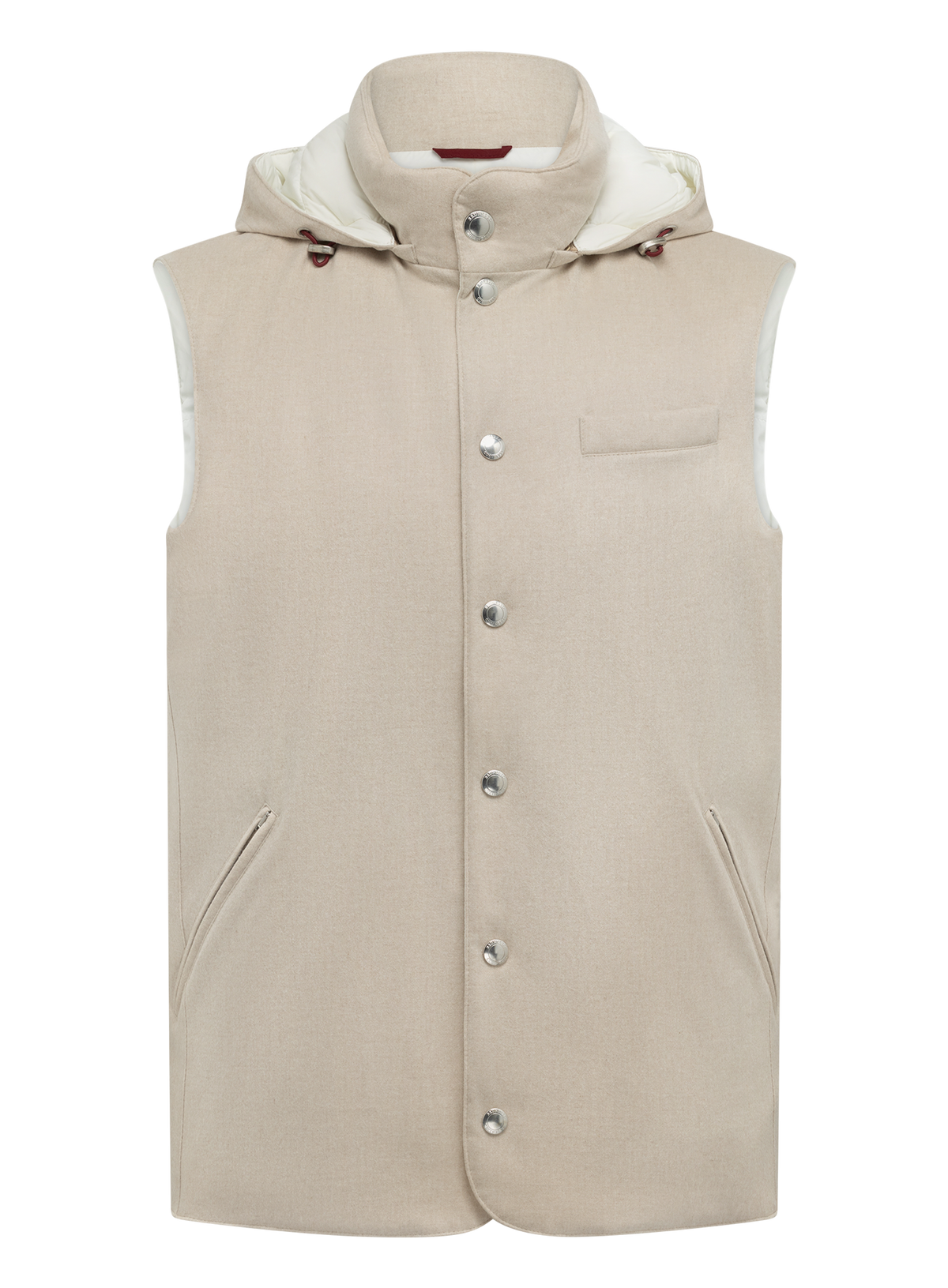 Donsbodywarmer van bonded wollen flanel met afneembare capuchon | Beige