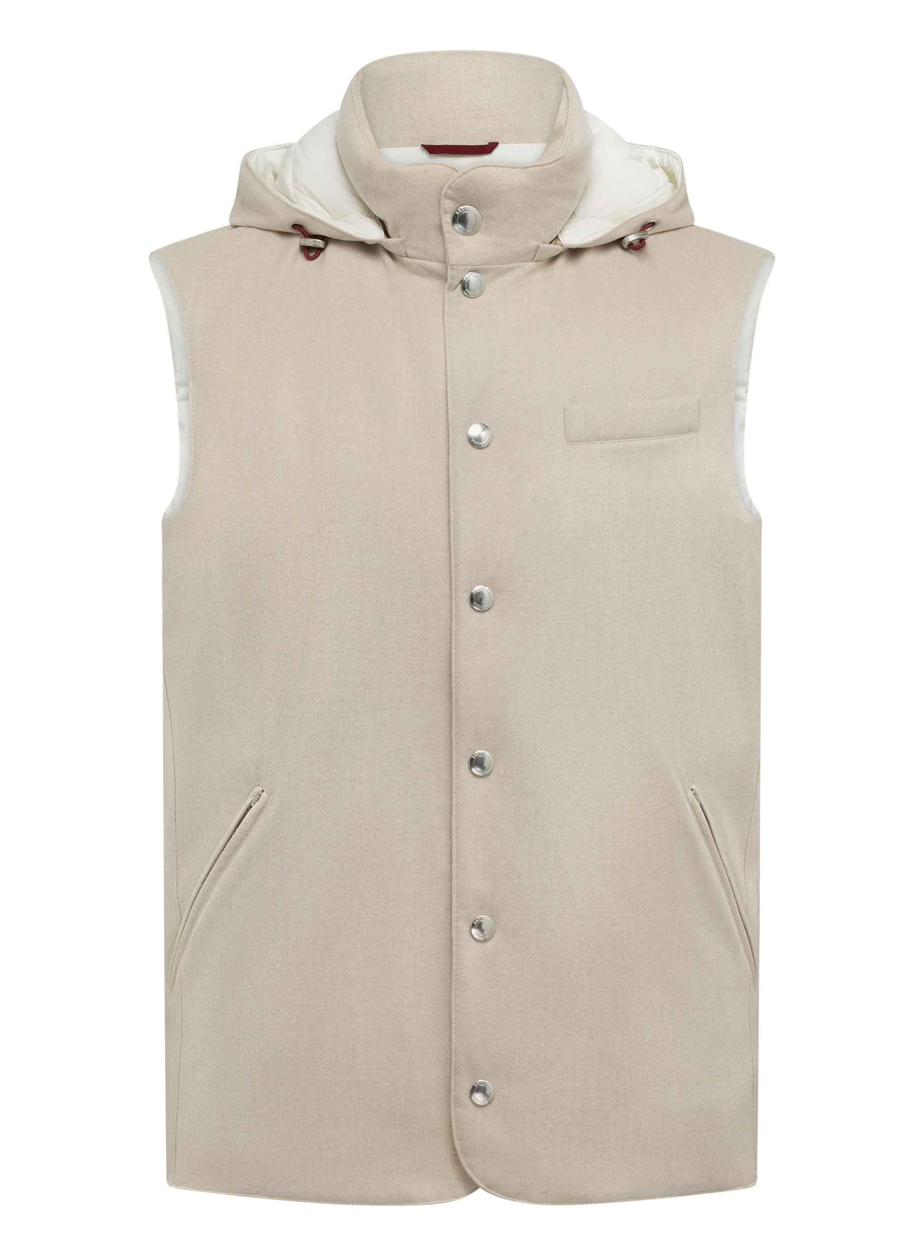 Donsbodywarmer van bonded wollen flanel met afneembare capuchon | Beige