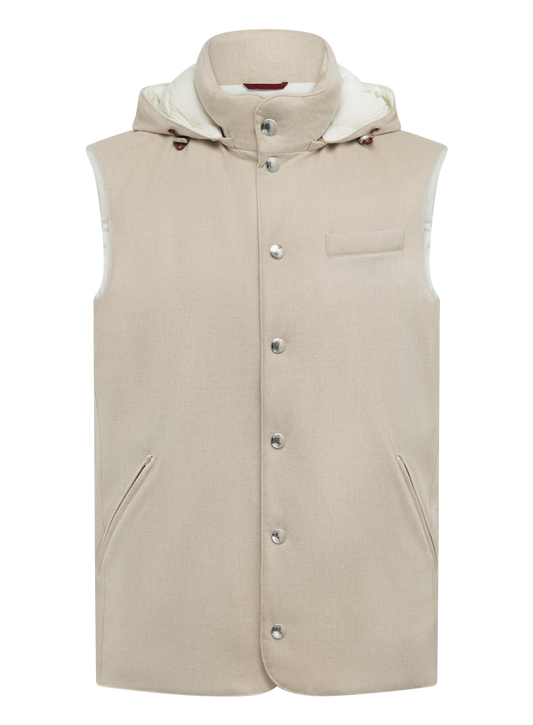 Bonded wool flannel down gilet with detachable hood