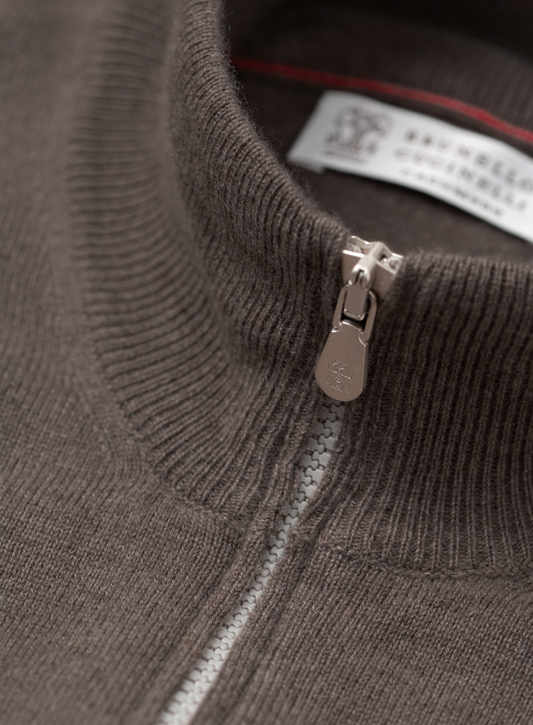 Cashmere zip-up cardigan with stand-up collar
