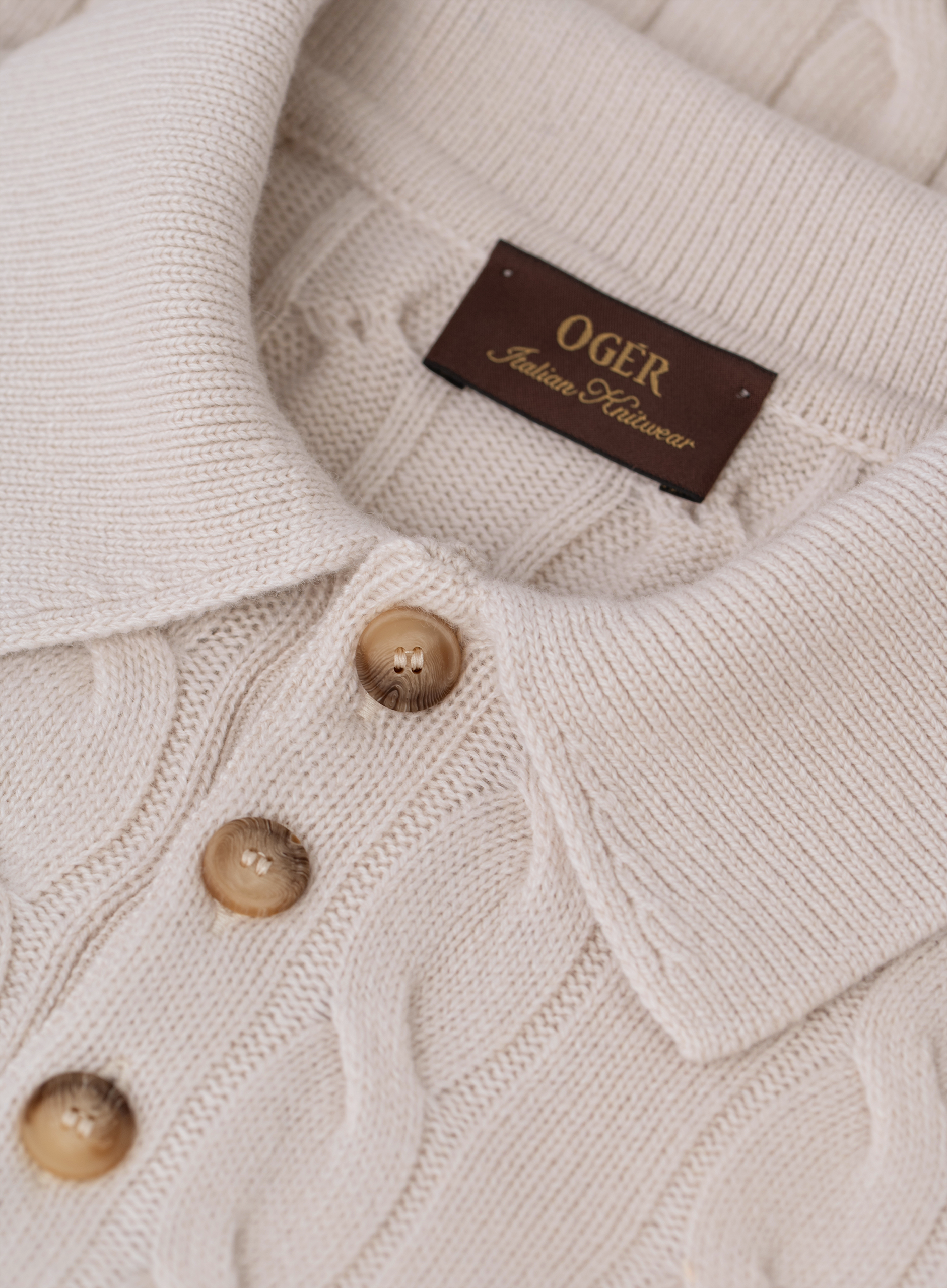 Kabelgebreide polo van scheerwol en cashmere | FULL_WIDTH | Beige
