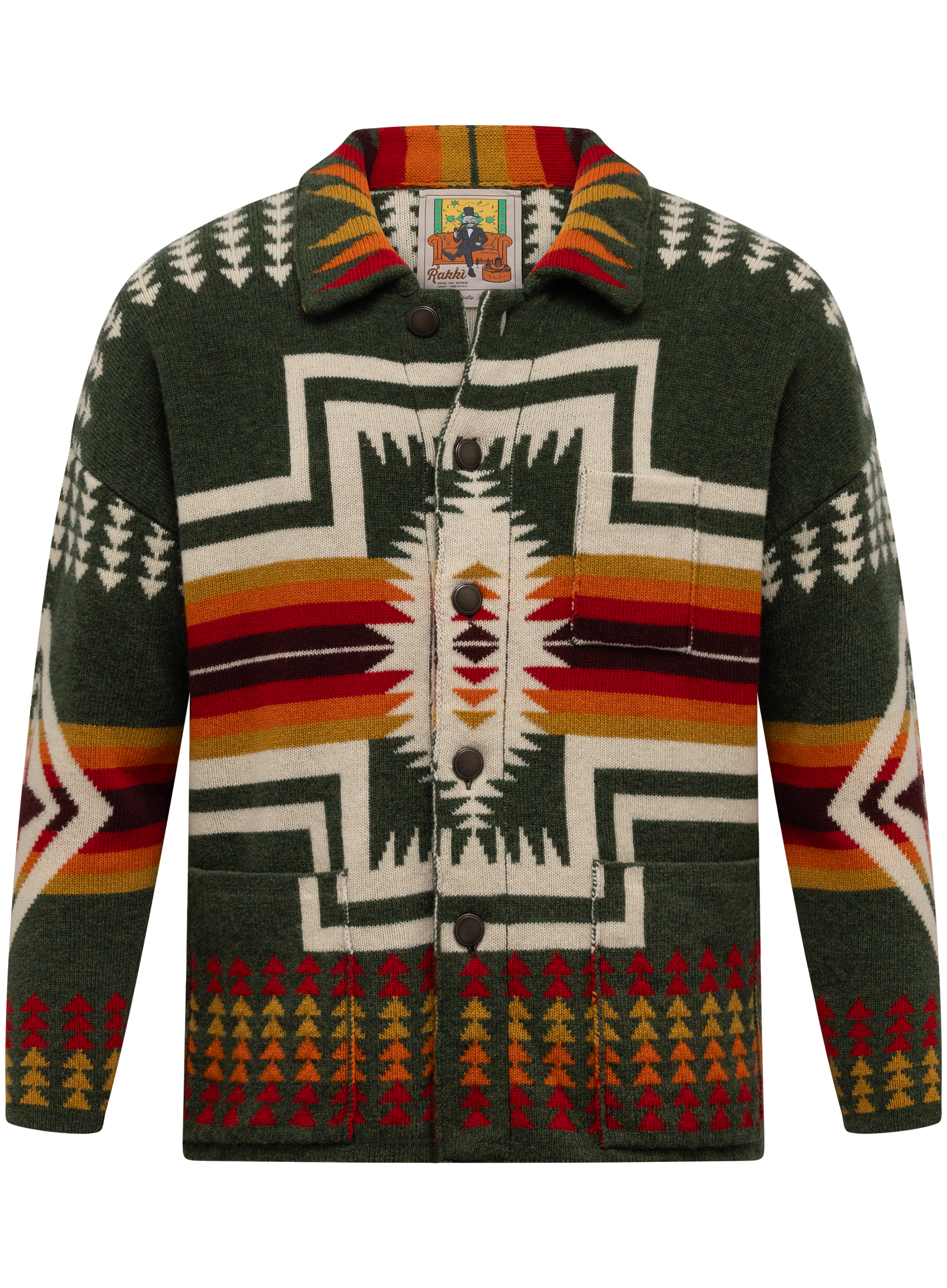 Knoopvest van scheerwol met jacquarddessin | Groen