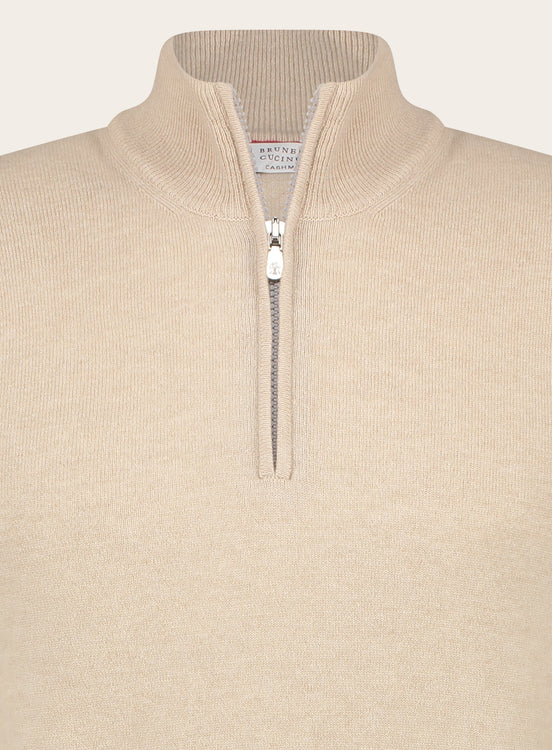 Slim-fit half-zip trui van cashmere | Beige