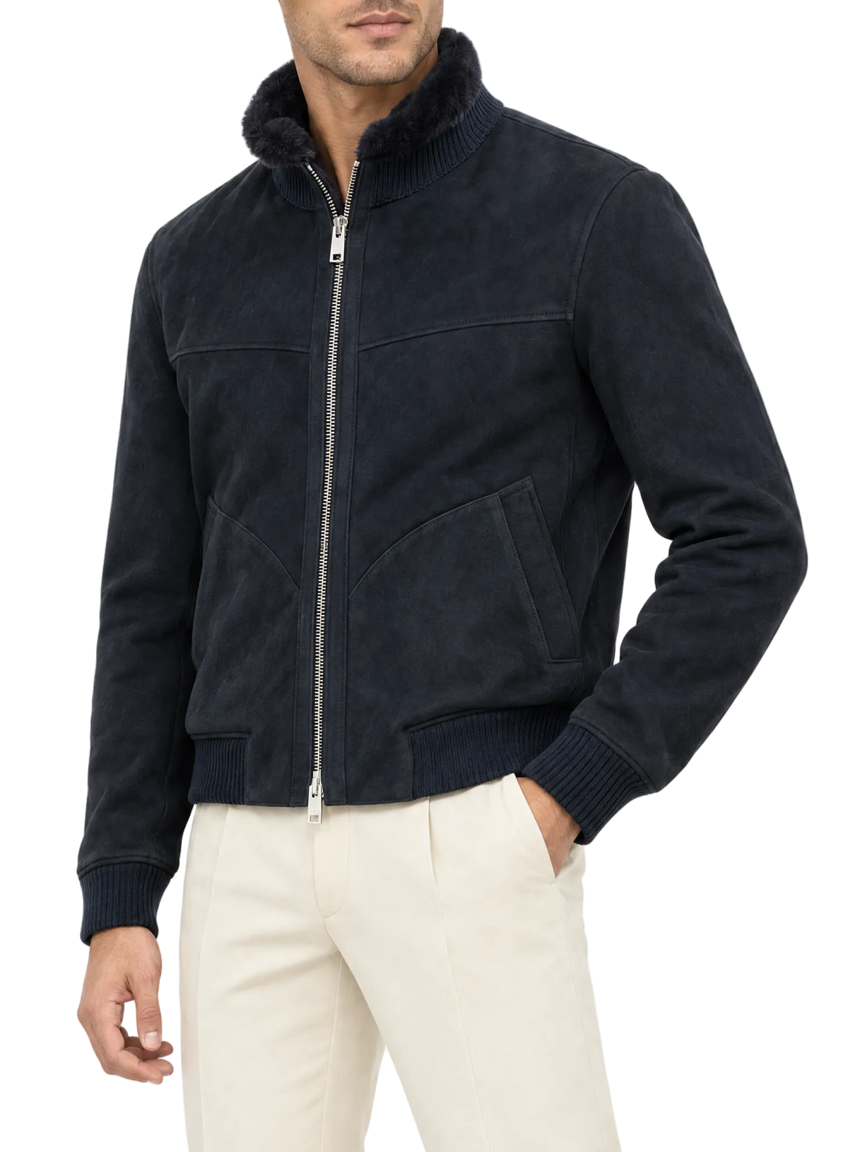 Bomberjack in suède | FULL_WIDTH |  MODEL | BLUE NAVY