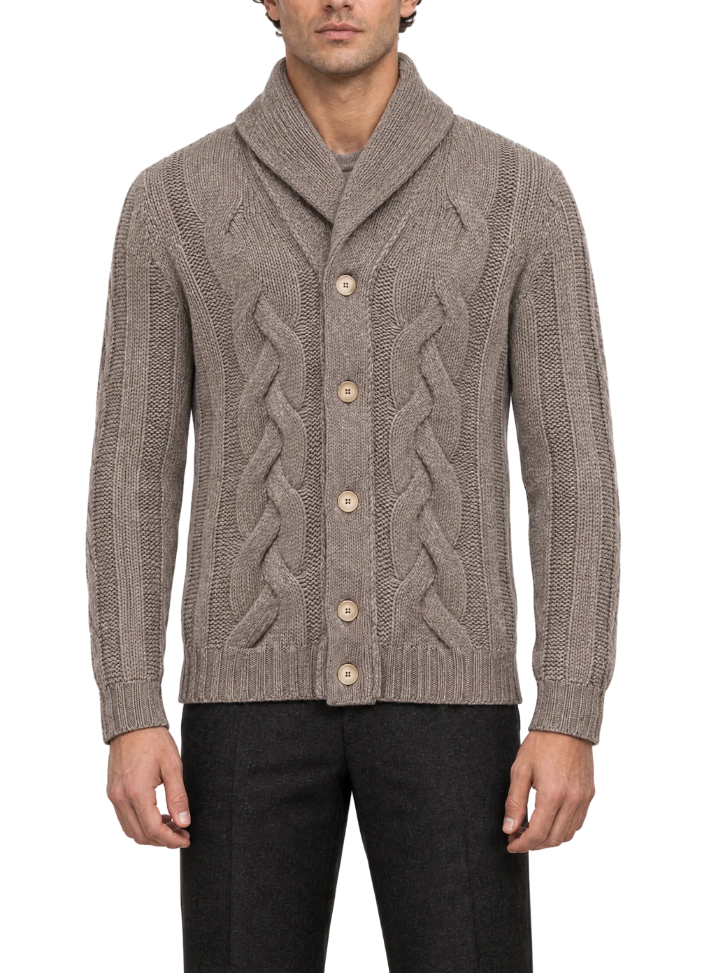Knoopvest in wol | FULL_WIDTH |  MODEL | TAUPE
