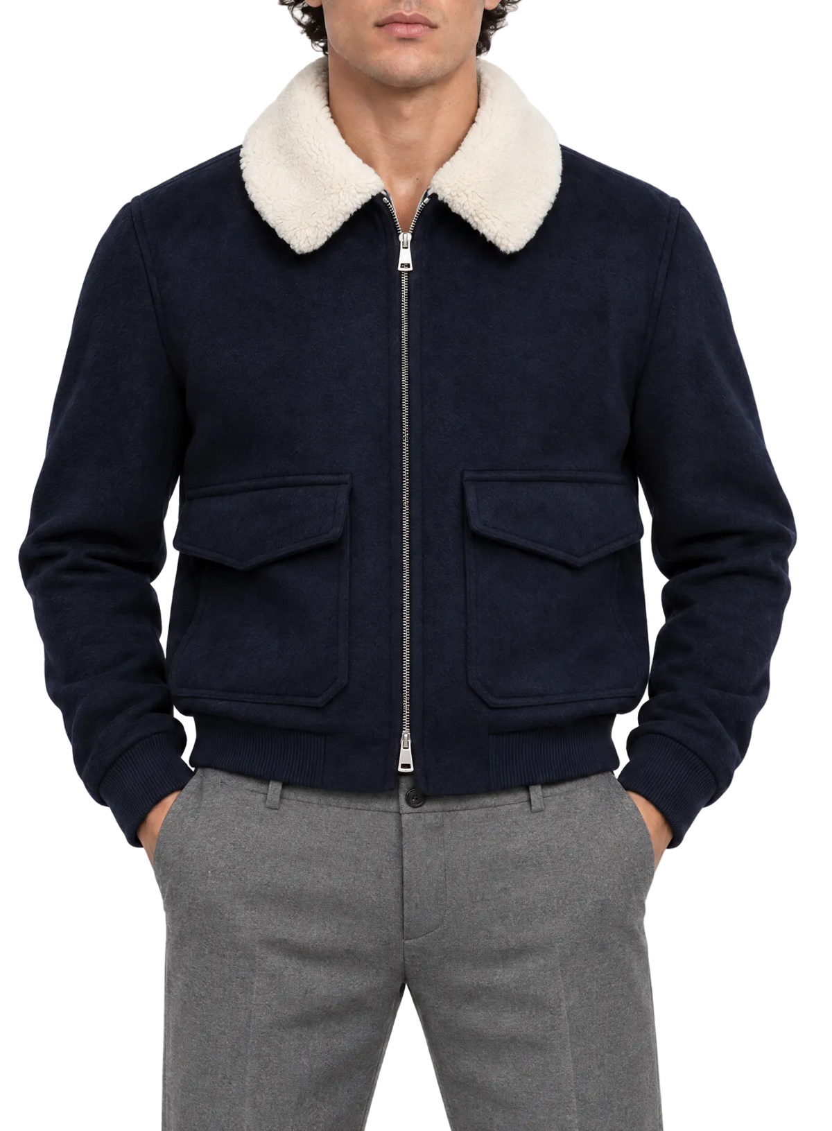 Bomberjack in wol | FULL_WIDTH |  MODEL | BLUE NAVY