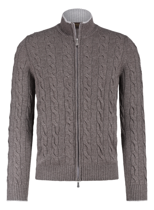 Kabelgebreid ritsvest van wol en cashmere | TAUPE
