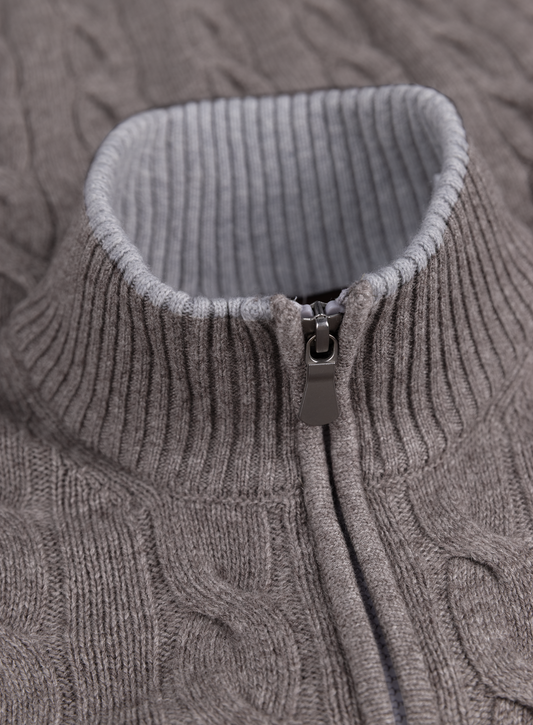 Kabelgebreid ritsvest van wol en cashmere