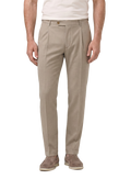 Bandplooi pantalon van scheerwol met zijspanners | MODEL | Beige