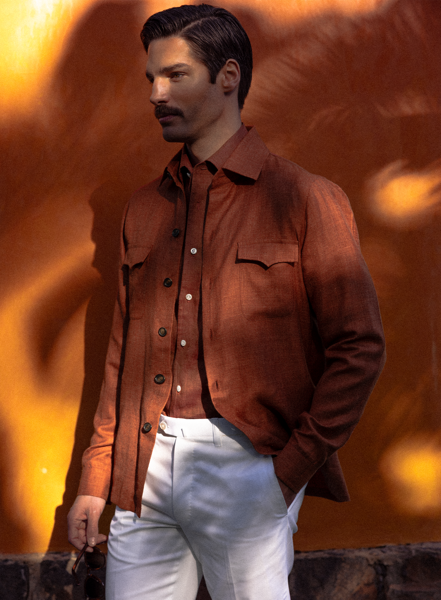 Handgemaakt overshirt van cashmere, zijde en linnen | Roest