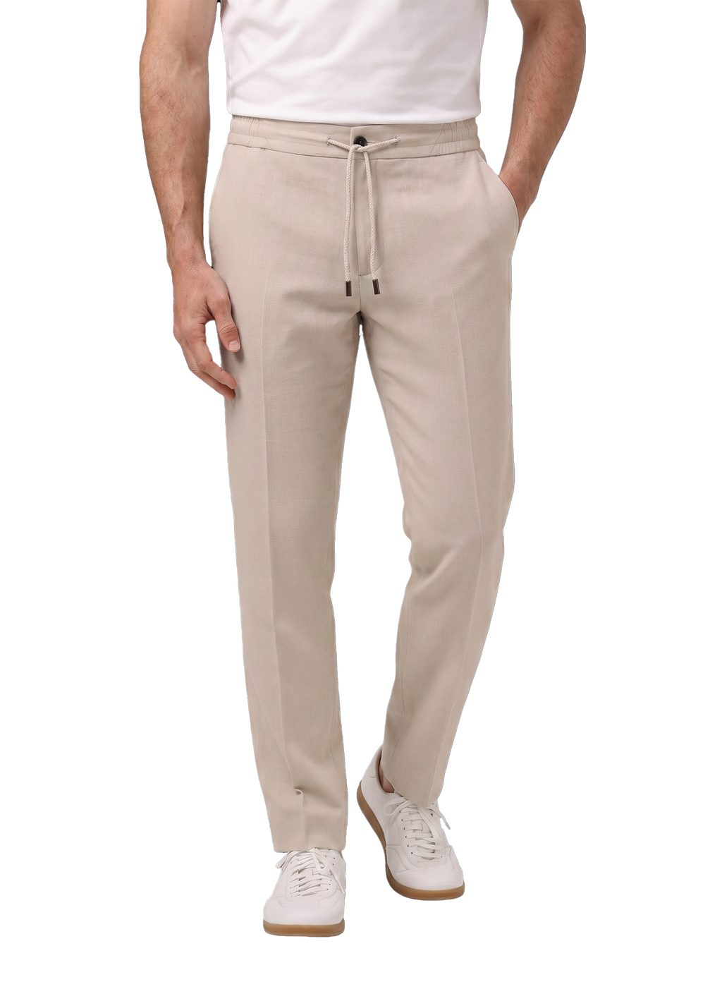 Broek van scheerwol, zijde en linnen (Loro Piana-stof) | MODEL | FULL_WIDTH | Beige