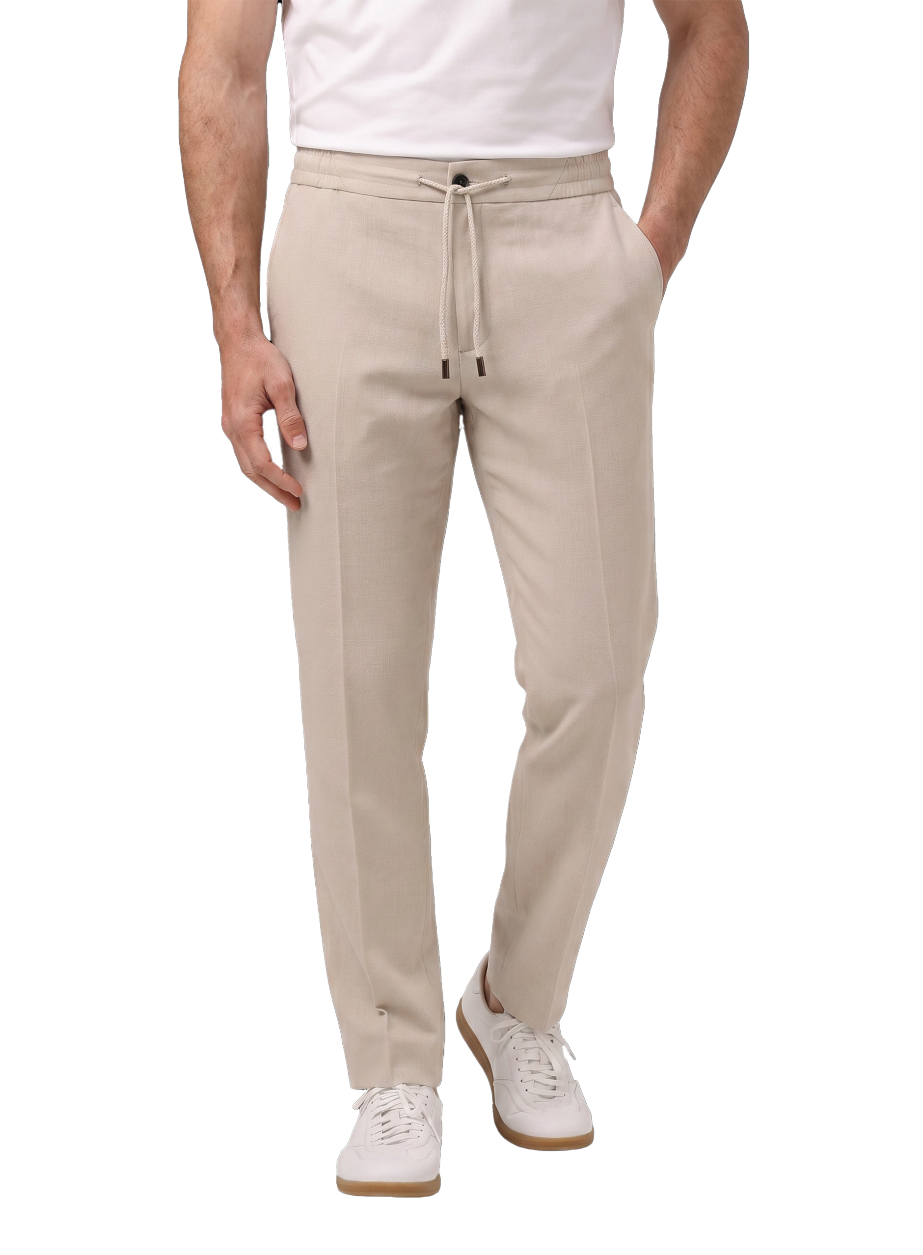 Broek van scheerwol, zijde en linnen (Loro Piana-stof) | MODEL | FULL_WIDTH | Beige