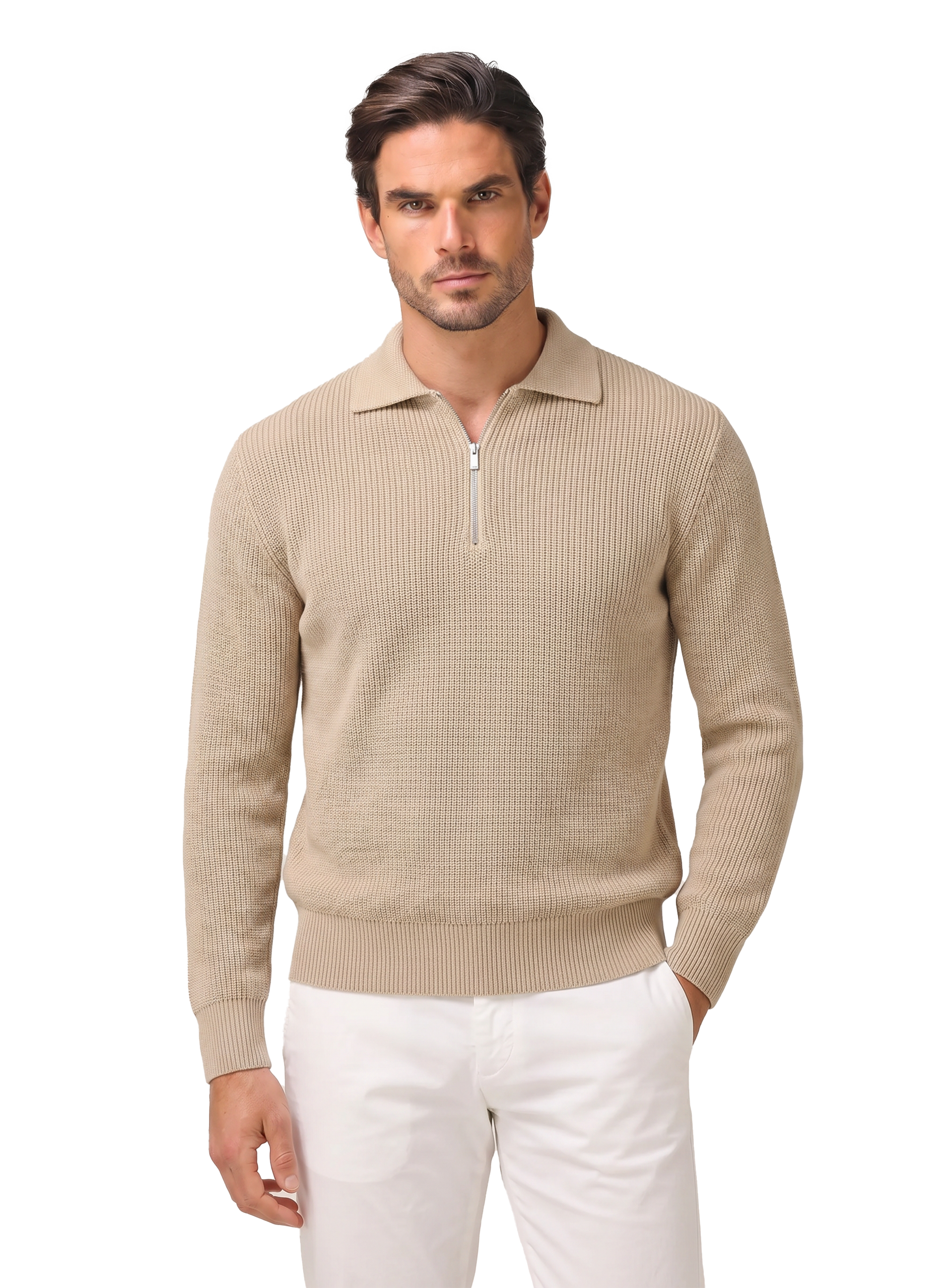  Half-zip trui van katoen | MODEL | Beige