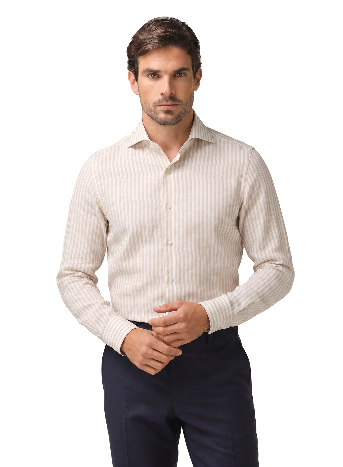 Gestreept overhemd van linnen | MODEL | FULL_WIDTH | Beige