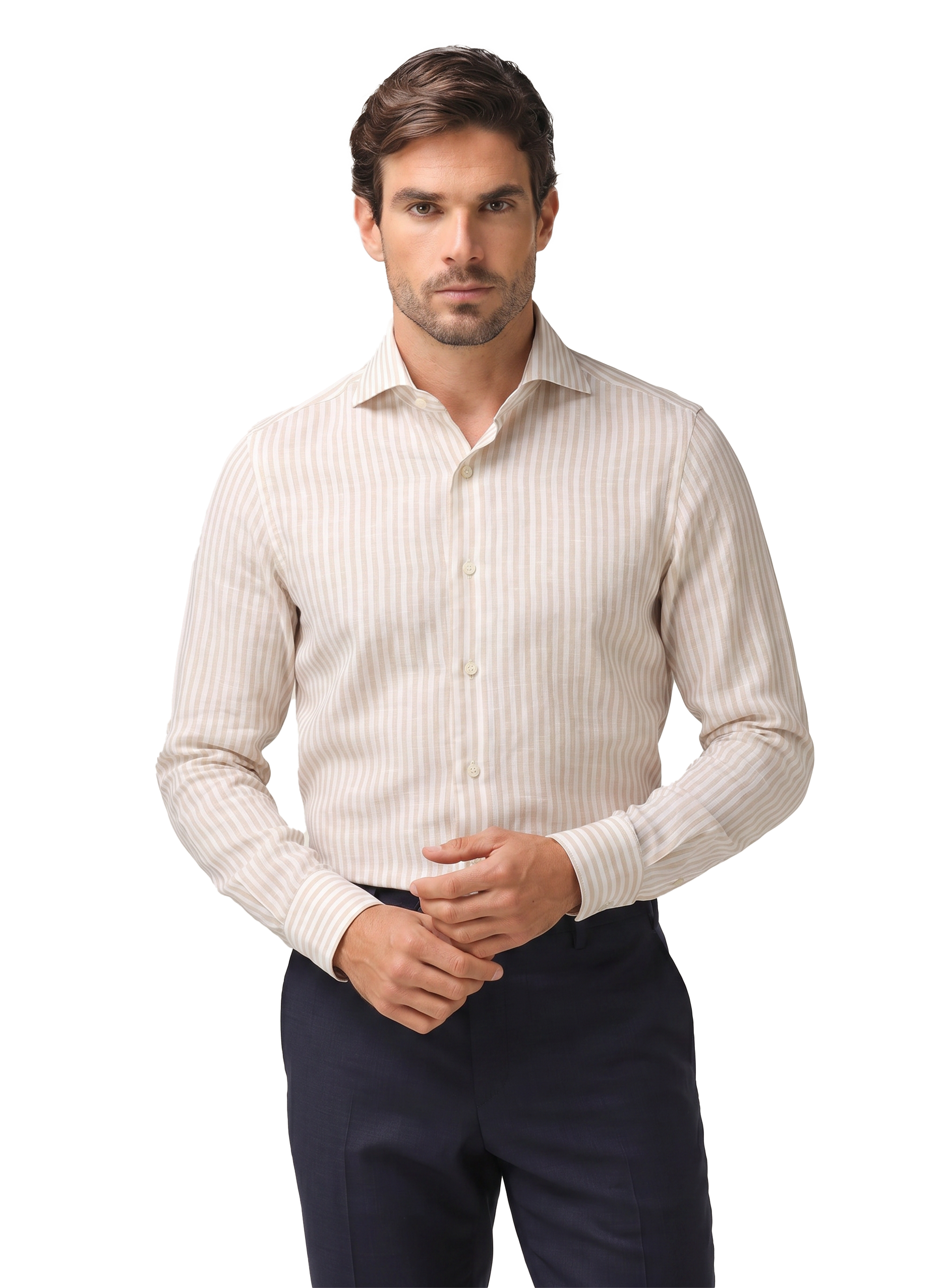 Gestreept overhemd van linnen | MODEL | FULL_WIDTH | Beige