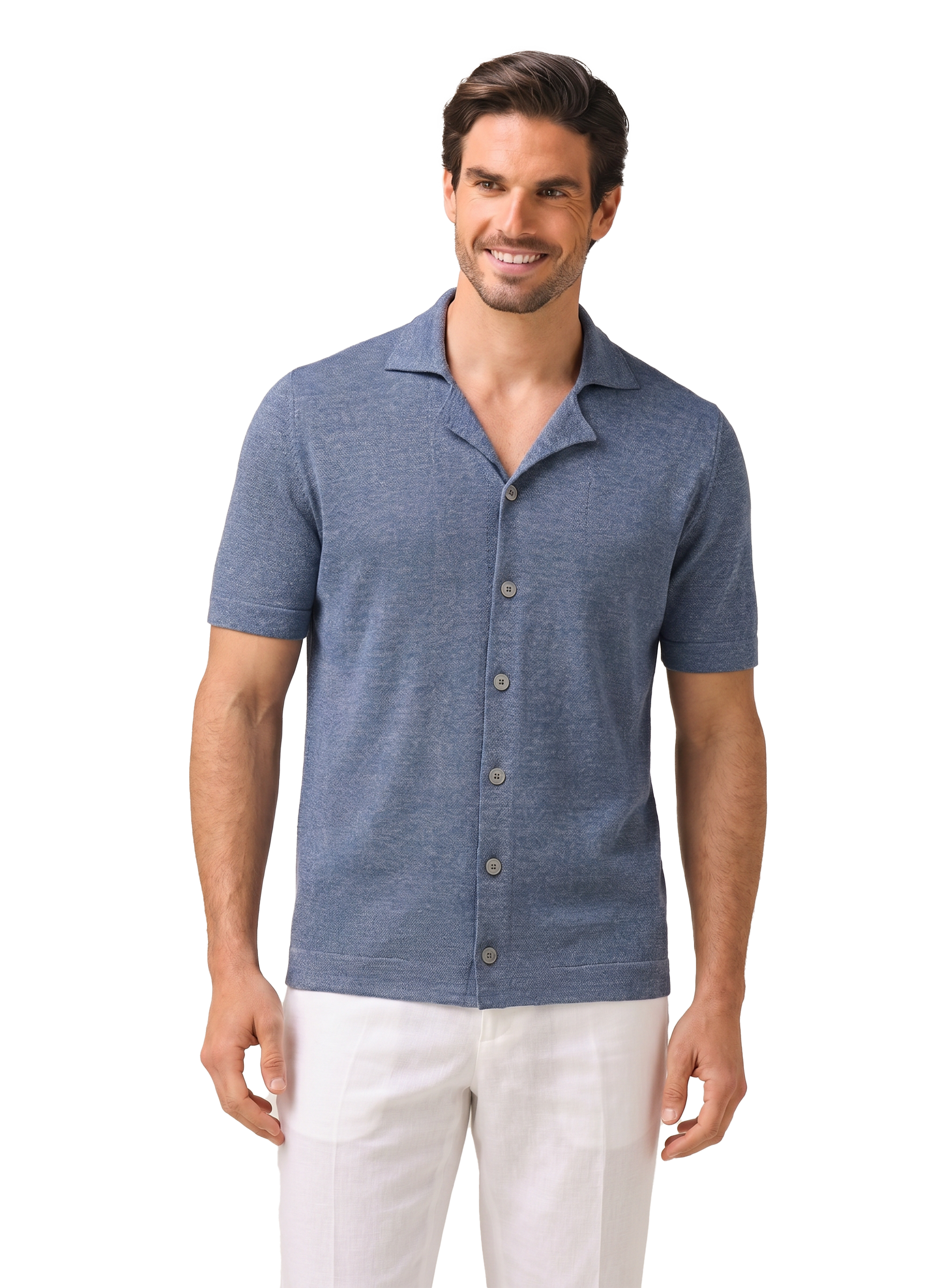 Shirt met kort mouwen van linnen en katoen | MODEL | L.Blauw