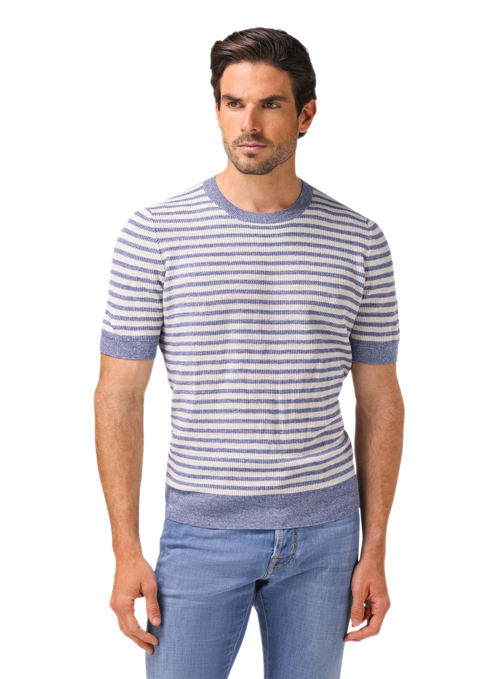 Gestreept t-shirt van linnen en katoen | MODEL | FULL_WIDTH | L.Blauw