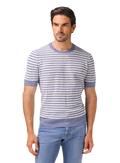 Gestreept t-shirt van linnen en katoen | MODEL | FULL_WIDTH | L.Blauw