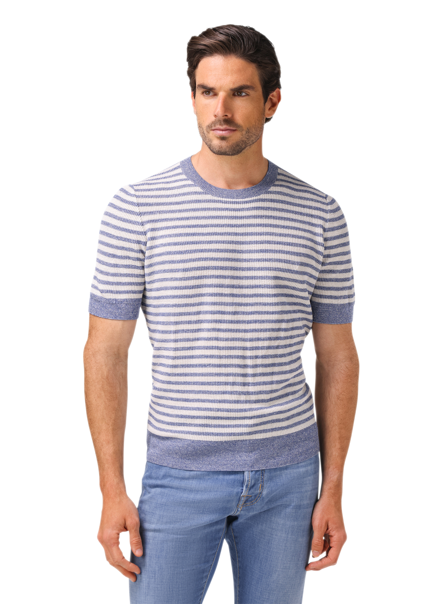 Gestreept t-shirt van linnen en katoen | MODEL | FULL_WIDTH | L.Blauw