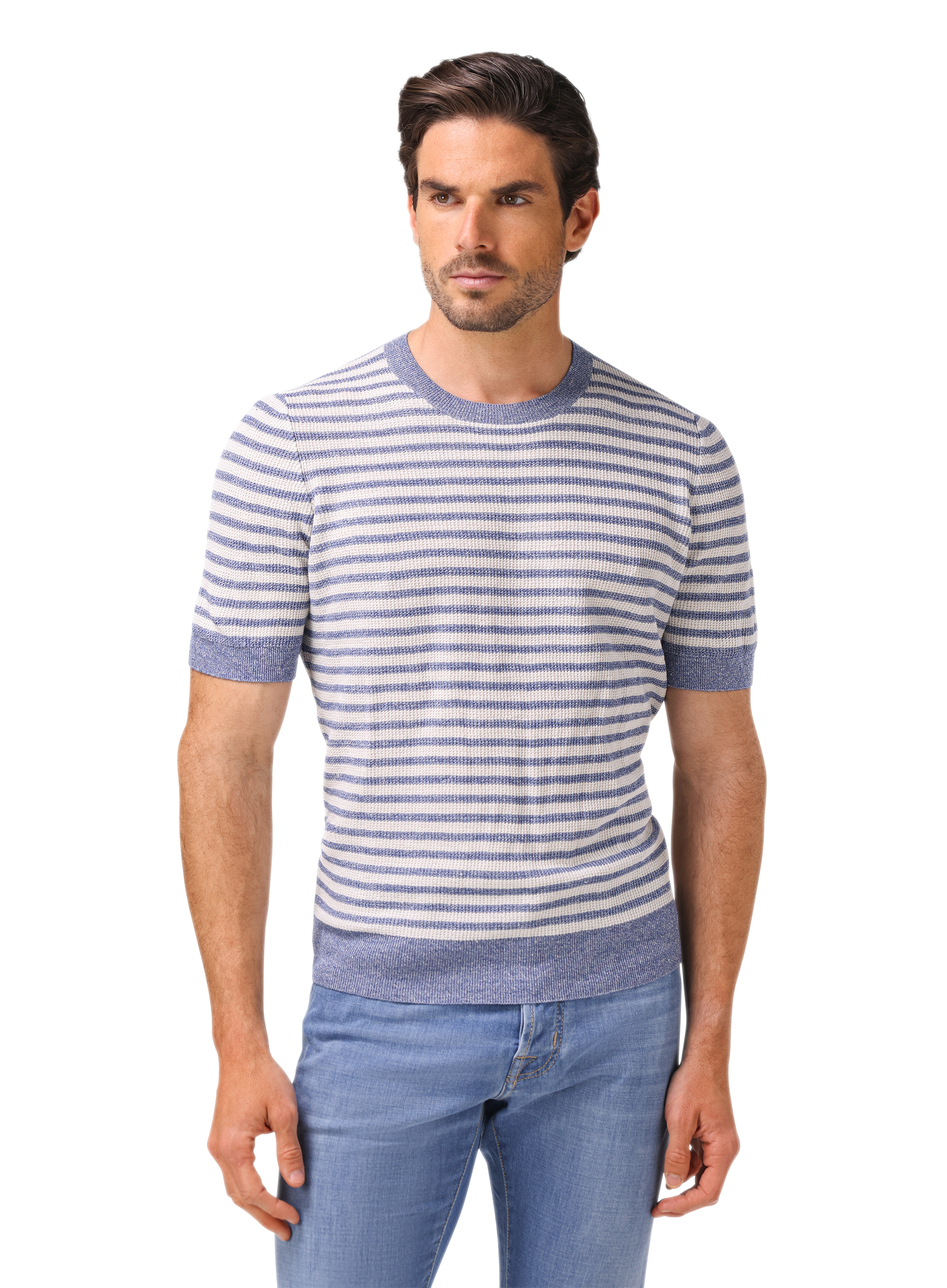 Gestreept t-shirt van linnen en katoen | MODEL | FULL_WIDTH | L.Blauw