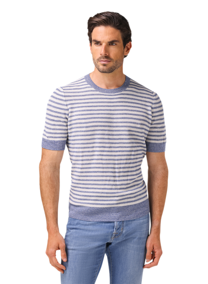 Gestreept t-shirt van linnen en katoen | MODEL | FULL_WIDTH | L.Blauw