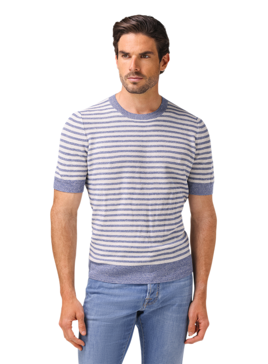 Gestreept t-shirt van linnen en katoen | MODEL | FULL_WIDTH | L.Blauw