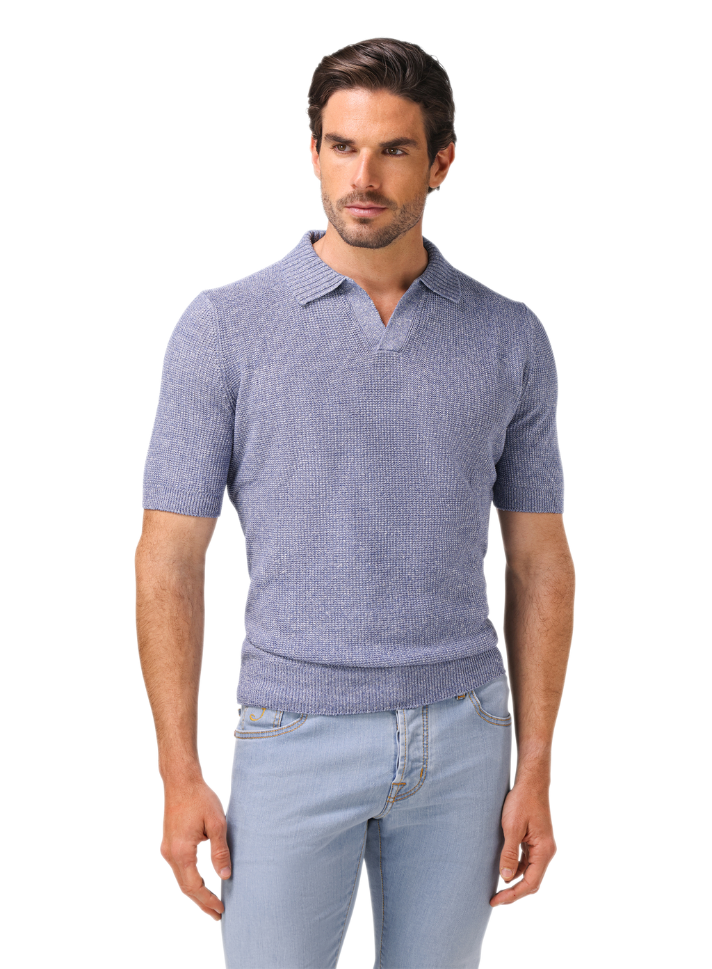 Buttonless polo van linnen en katoen | MODEL | FULL_WIDTH | L.Blauw