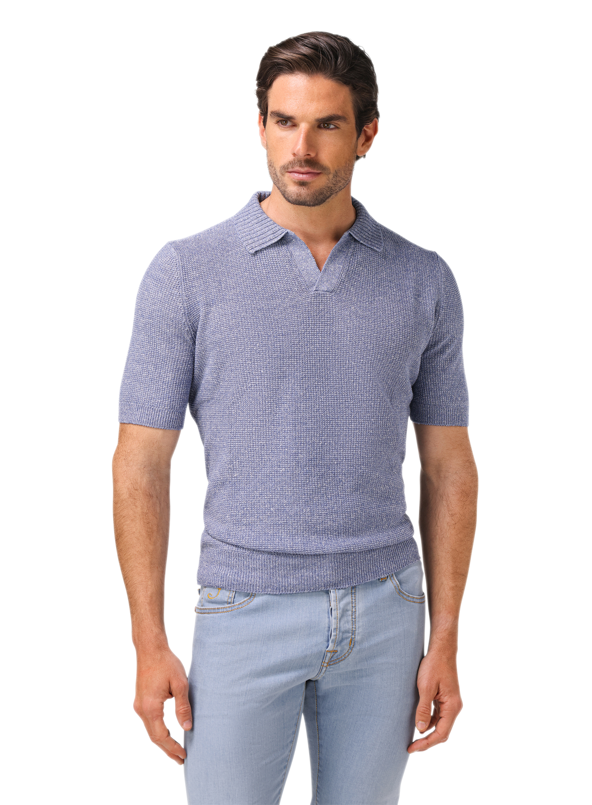 Buttonless polo van linnen en katoen | MODEL | FULL_WIDTH | L.Blauw