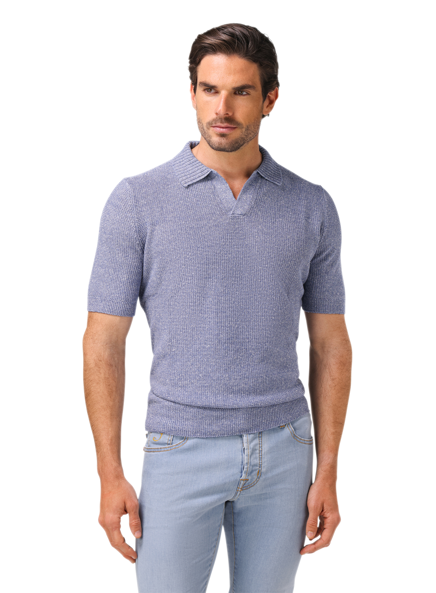 Buttonless polo van linnen en katoen | MODEL | FULL_WIDTH | L.Blauw