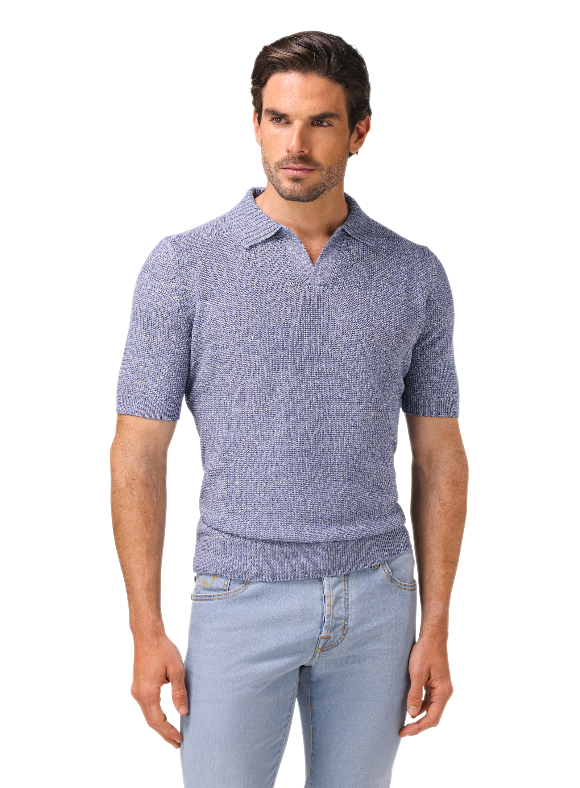Buttonless polo van linnen en katoen | MODEL | FULL_WIDTH | L.Blauw