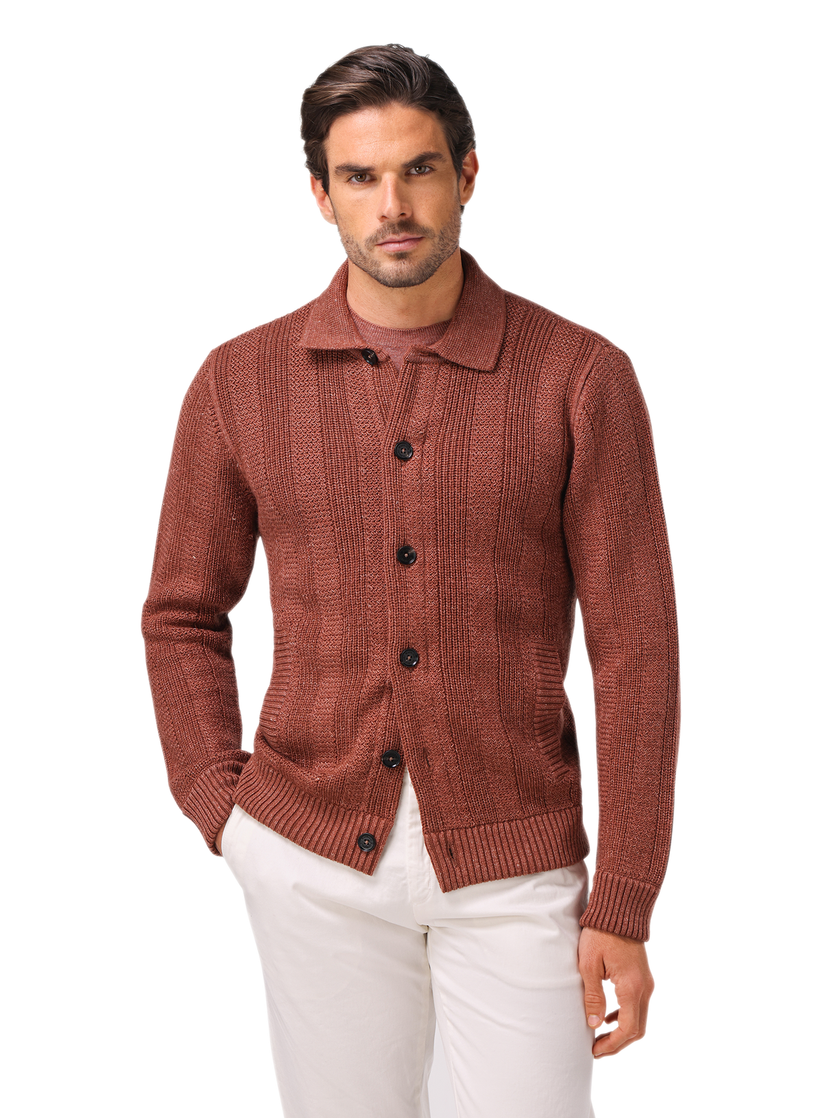 Gebreid knoopvest van merinowol | MODEL | Roest