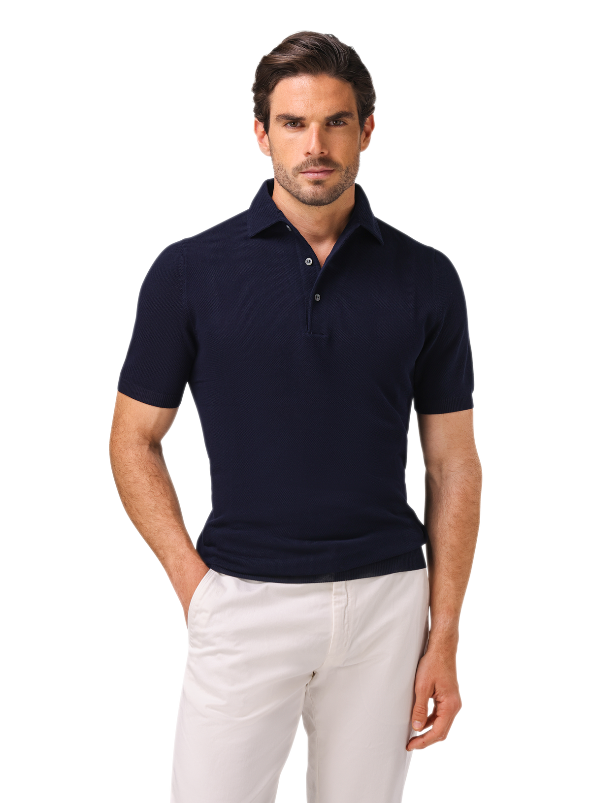 Fijngebreide polo van katoen met piquéstructuur | MODEL | BLUE NAVY
