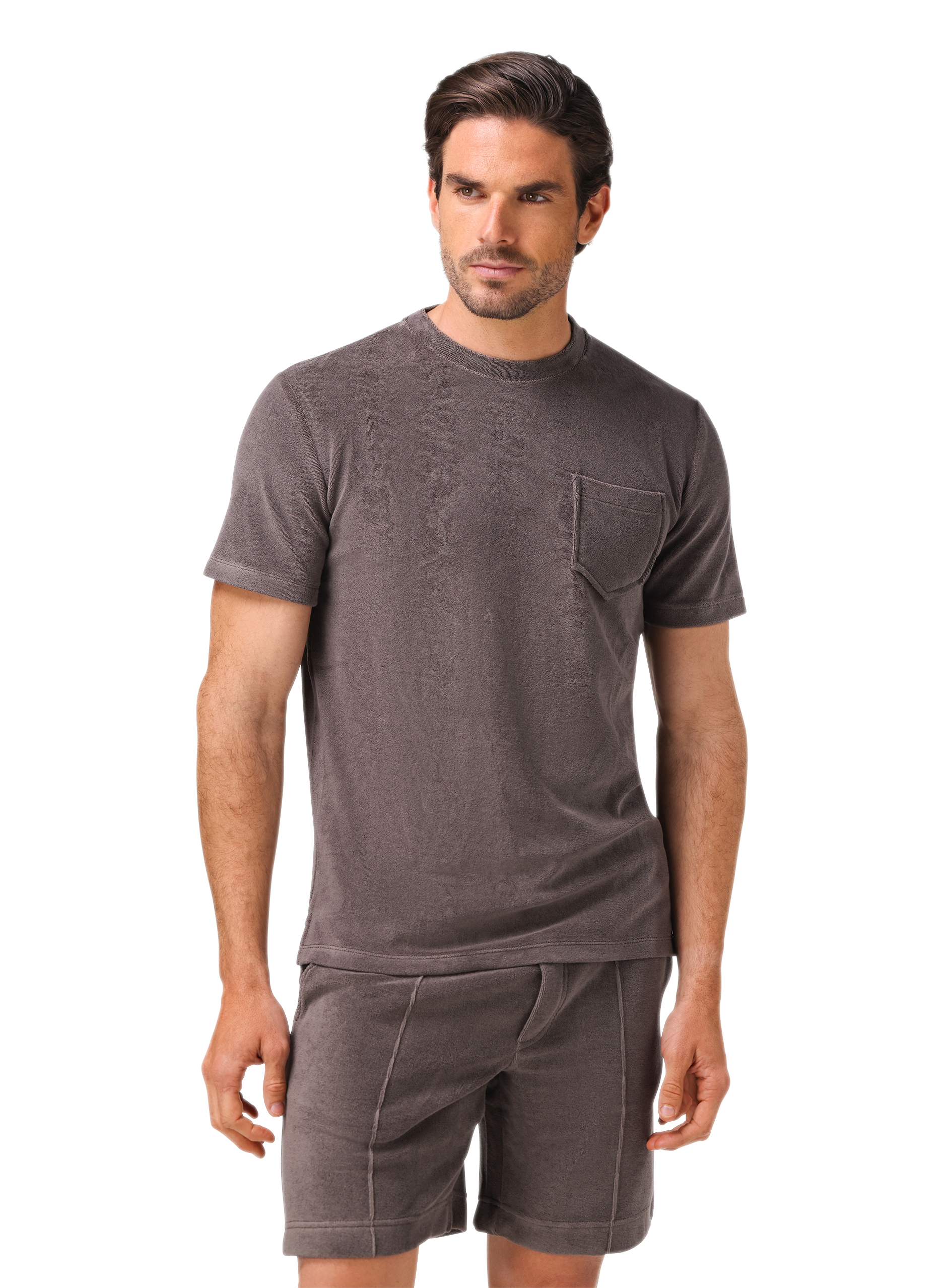 T-shirt met borstzak van badstof | MODEL | FULL_WIDTH | TAUPE