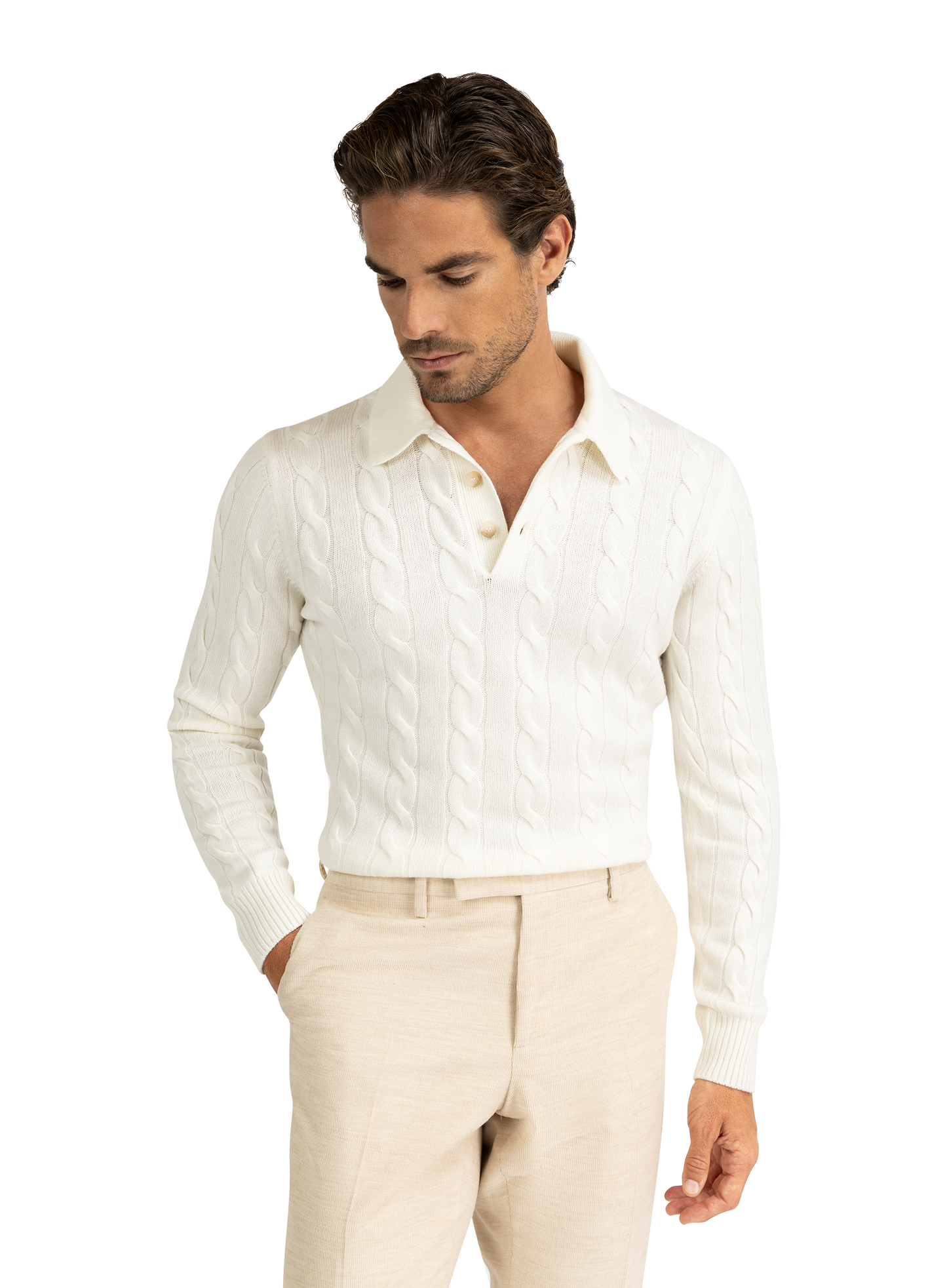 Kabelgebreide polo van wol en cashmere | Wit