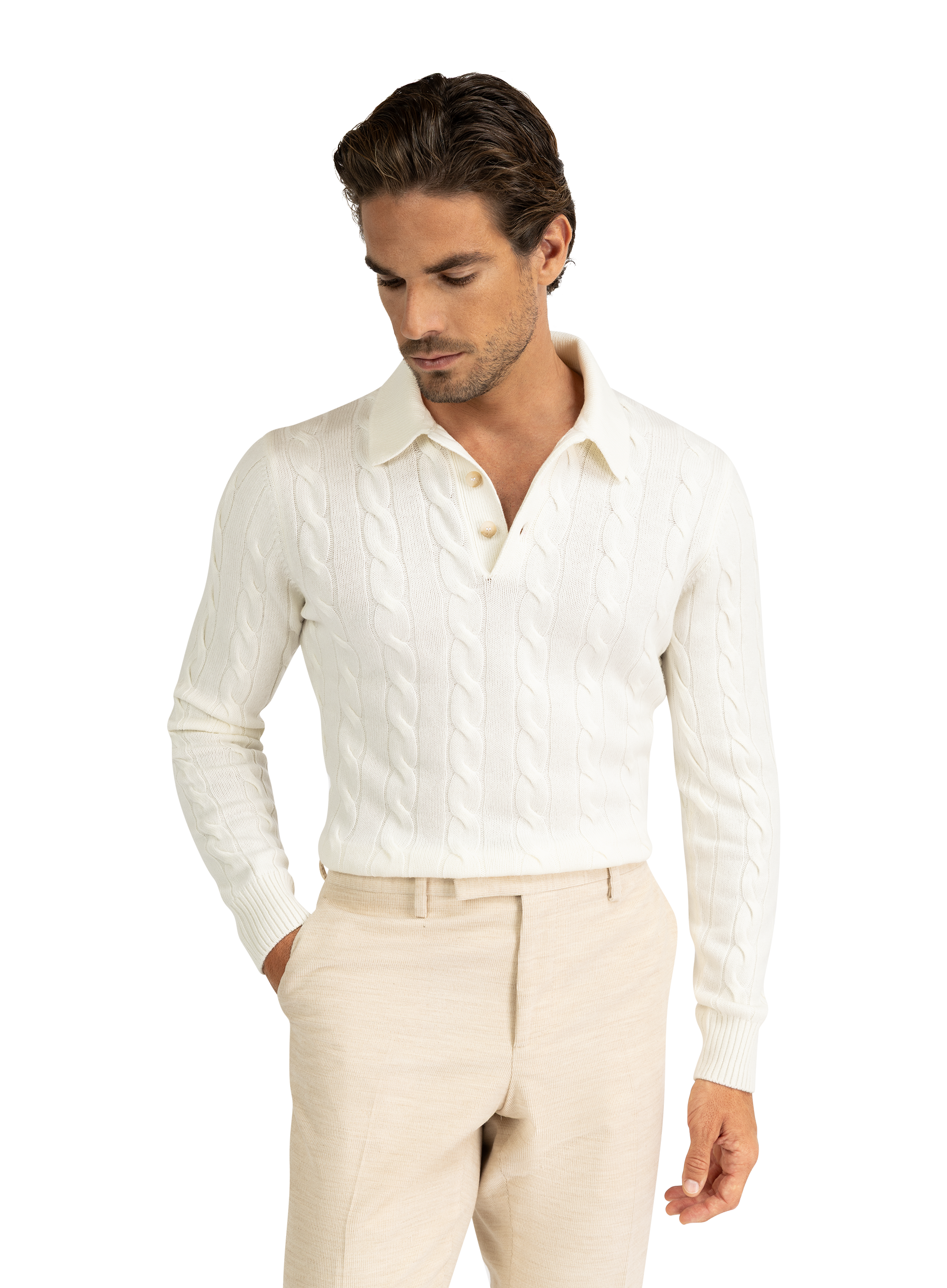 Kabelgebreide polo van wol en cashmere | Wit