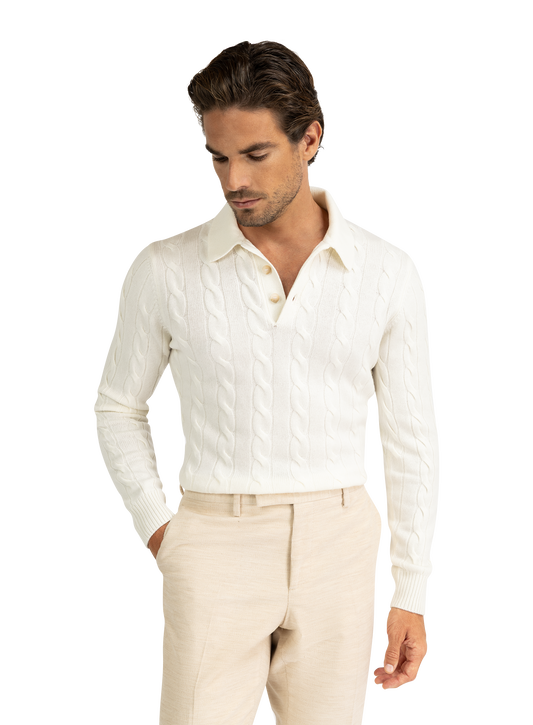 Kabelgebreide polo van wol en cashmere | Wit