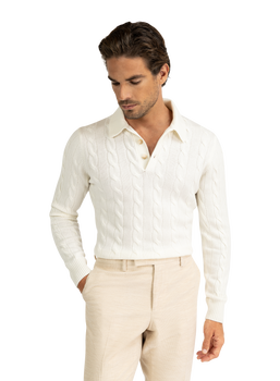 Kabelgebreide polo van wol en cashmere | Wit