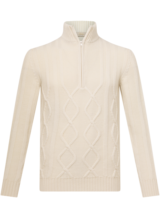 Half-zip sweater met kabelpatroon van wol en cashmere | Wit